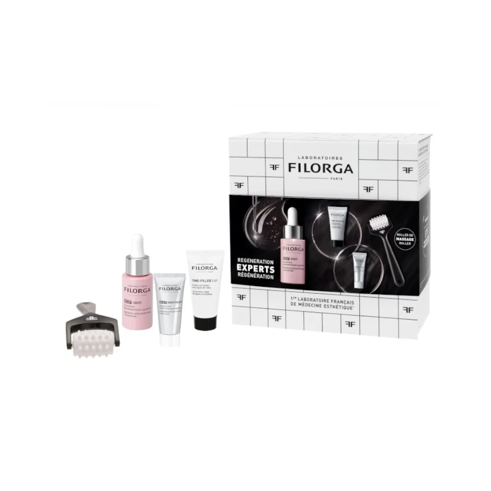 Envase FILORGA Cofre NCEF-Shot Serum 15ml + Time filler 5XP Crema 15ml + NCEF-Night Mascarilla 7ml + Regalo Roller de masaje