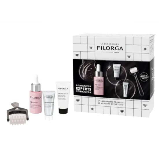 Envase FILORGA Cofre NCEF-Shot Serum 15ml + Time filler 5XP Crema 15ml + NCEF-Night Mascarilla 7ml + Regalo Roller de masaje