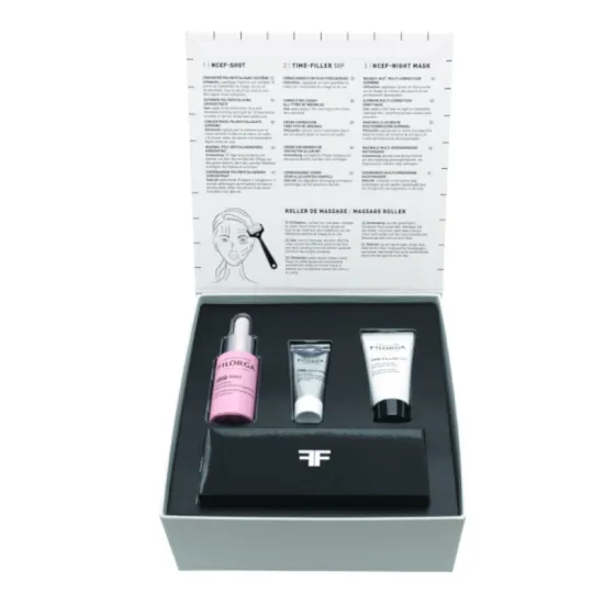 Envase FILORGA Cofre NCEF-Shot Serum 15ml + Time filler 5XP Crema 15ml + NCEF-Night Mascarilla 7ml + Regalo Roller de masaje