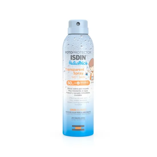 Envase ISDIN Pediatrics Transparent Spray Wet Skin Fotoprotector SPF 50 (250ml)