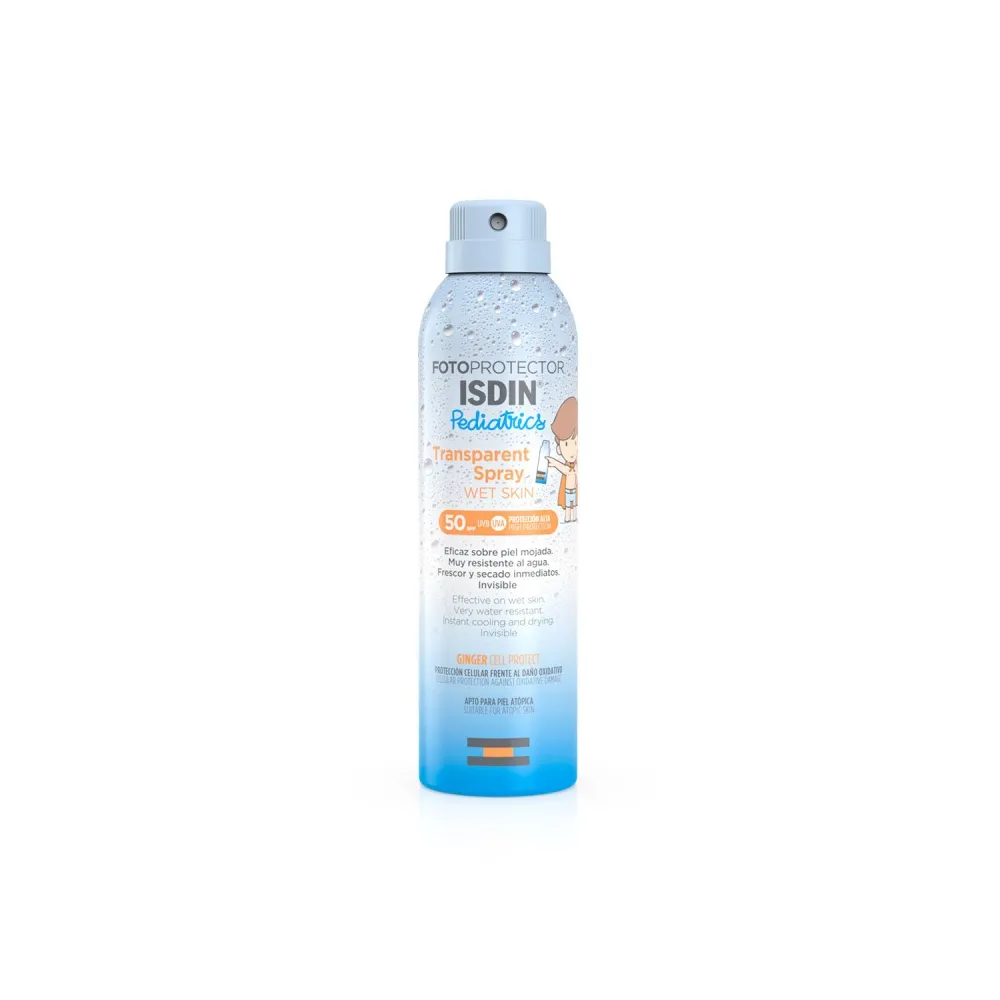 Envase ISDIN Pediatrics Transparent Spray Wet Skin Fotoprotector SPF 50 (250ml)