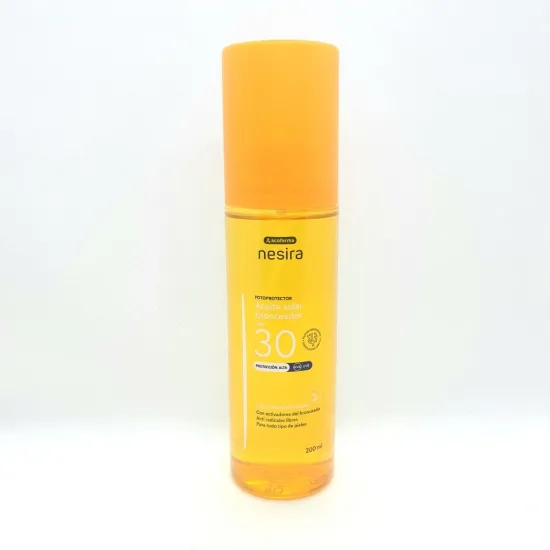 Envase ACOFARMA Nesira aceite solar seco bronceador SPF 30 200 ml