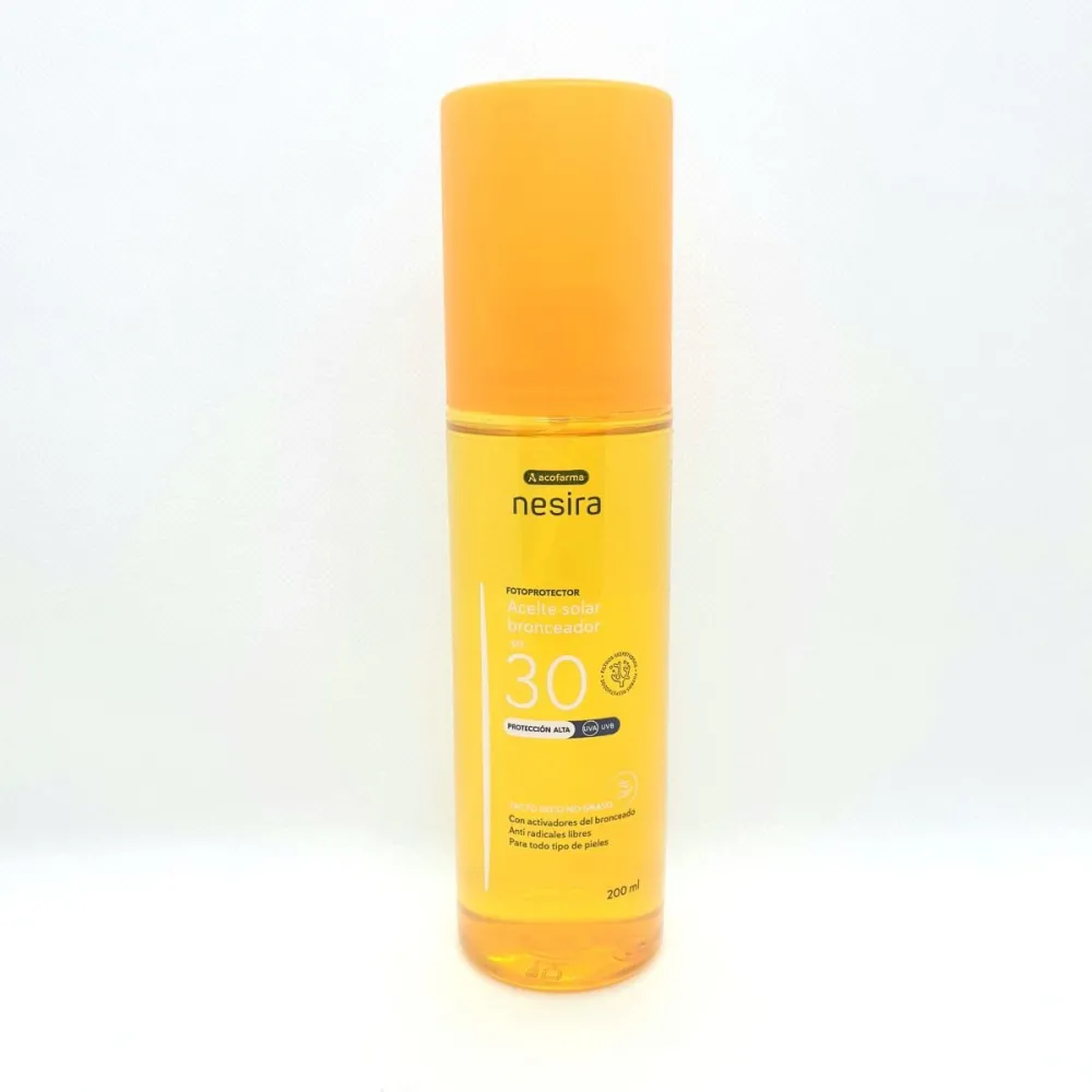 Envase ACOFARMA Nesira aceite solar seco bronceador SPF 30 200 ml